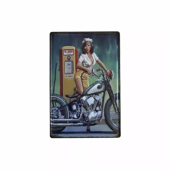 Vintage “Full Service” Hemşire ve Motosiklet Duvar Dekoru