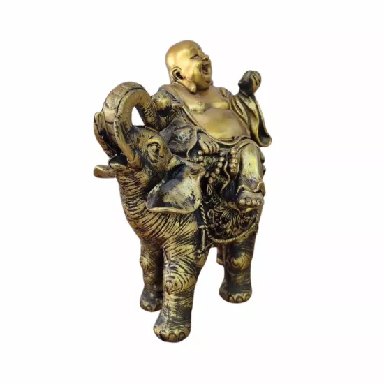 Altın Renkli Fil Üzerinde Gülümseyen Buddha Heykeli Biblo