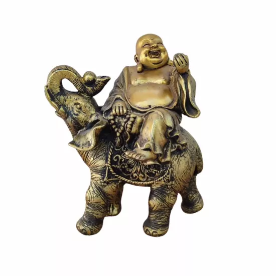 Altın Renkli Fil Üzerinde Gülümseyen Buddha Heykeli Biblo