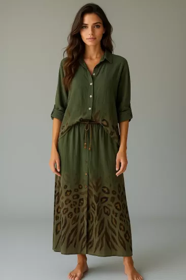 Haki Keten Leopar Desenli Pantolon Bluz Takım