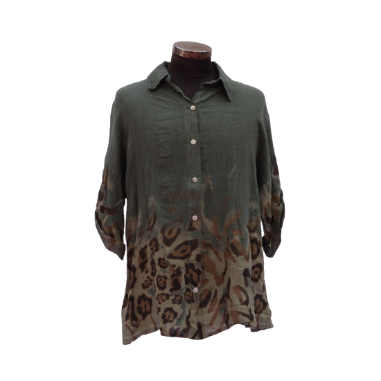 Haki Keten Leopar Desenli Pantolon Bluz Takım