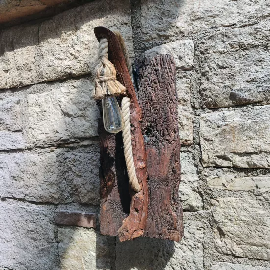 El Yapımı Ahşap Rustik Halatlı Duvar Lambası