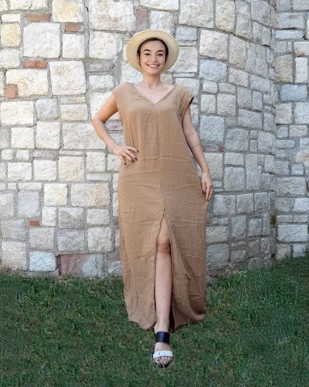 Kadın Kahverengi Yırtmaçlı Uzun Yazlık Elbise 