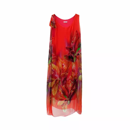 Kırmızı İtalyan İpek Çiçek Desenli Elbise