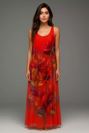 Kırmızı İtalyan İpek Çiçek Desenli Elbise