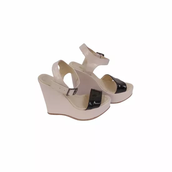 Krem Siyah Dolgu Topuk | Bilekten Tokalı Sandalet