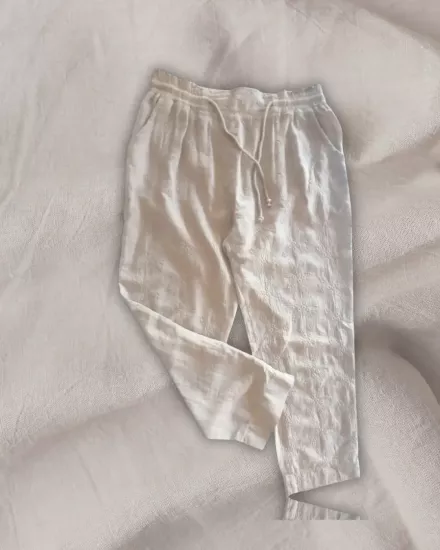 Krem Müslin İşlemeli Beli Bağcıklı Pantolon