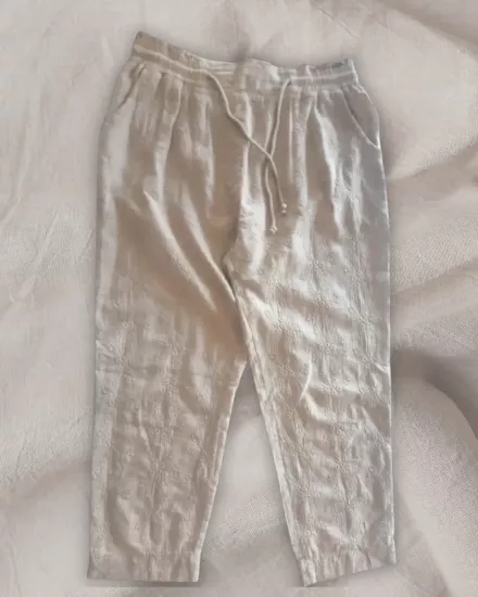 Krem Müslin İşlemeli Beli Bağcıklı Pantolon
