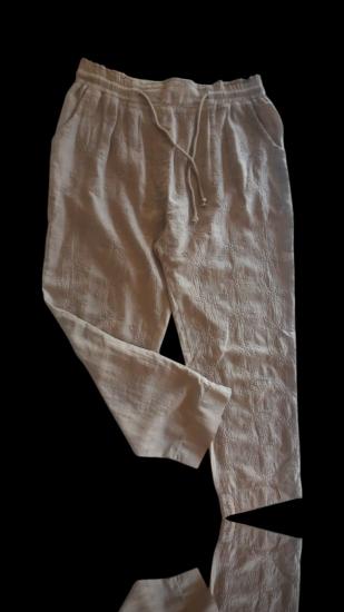 Krem Müslin İşlemeli Beli Bağcıklı Pantolon