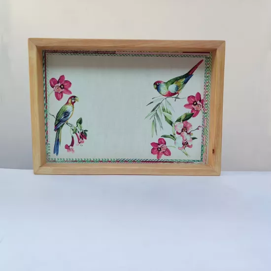Kuş ve Çiçek Desenli El Yapımı Renkli Servis Tepsisi