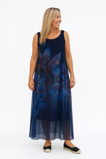 Lacivert İtalyan İpek Çiçek Desenli Elbise