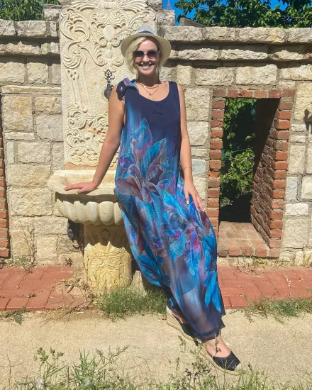 Lacivert İtalyan İpek Çiçek Desenli Elbise