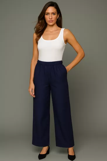 Lacivert Bol Paça Keten Pantolon