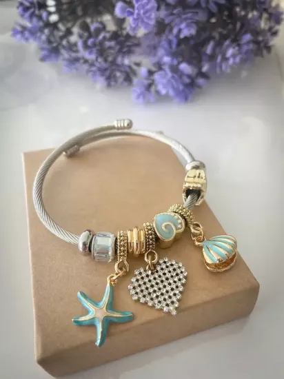 Mavi Deniz Yıldızı ve Kalp Figürlü Charm Bileklik