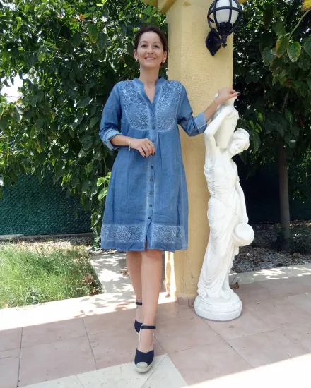 Kadın Mavi Denim Gömlek Elbise