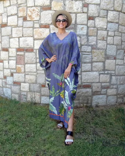 Kadın Mor Yaprak Desenli Uzun Yazlık Elbise 