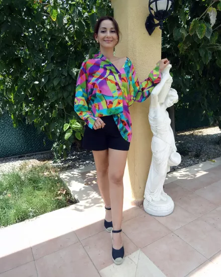 Kadın Rengarenk Soyut Desenli Salaş Gömlek