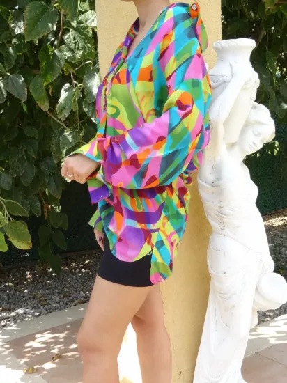 Kadın Rengarenk Soyut Desenli Salaş Gömlek