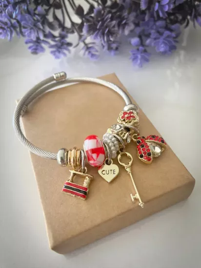Kırmızı Uğur Böceği ve Anahtar Figürlü Bileklik