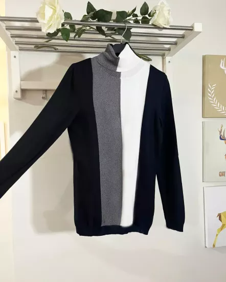 Siyah Gri Beyaz Bloklu Boğazlı Triko | Metta’s Shop®