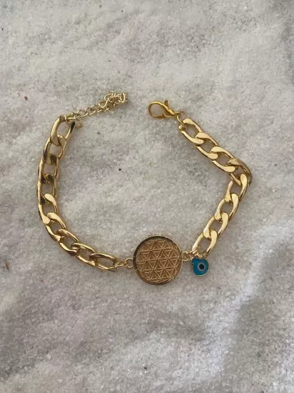 Yaşam Çiçeği ve Nazar Boncuğu Figürlü Altın Zincir Bileklik 