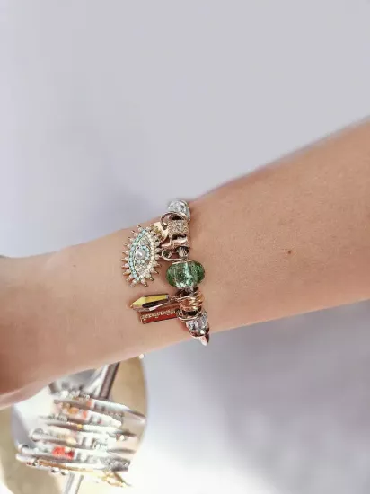 Yeşil Göz Detay Altın ve Gümüş Tonlu Bileklik