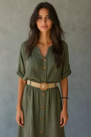 Yeşil Keten Etek Bluz Takım