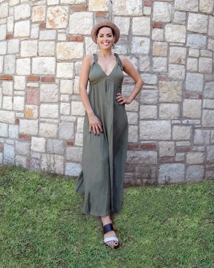 Kadın Haki Yeşil Askılı Uzun Yazlık Elbise