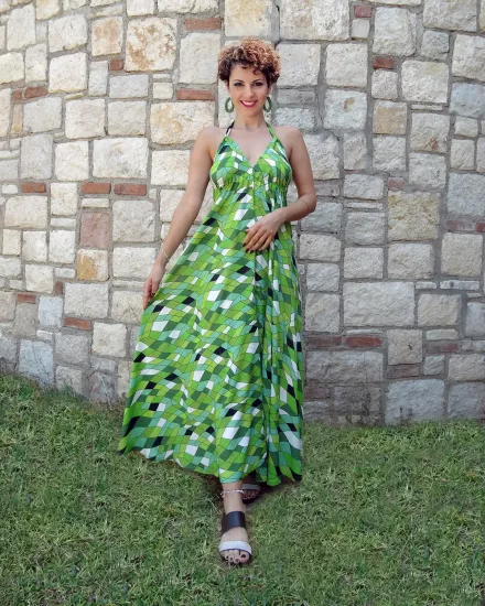 Yeşil  Geometrik Desenli Halter Yaka Uzun Elbise
