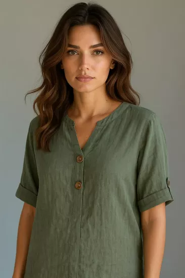 Kadın Haki İtalyan Muslin Kısa Kollu Gömlek