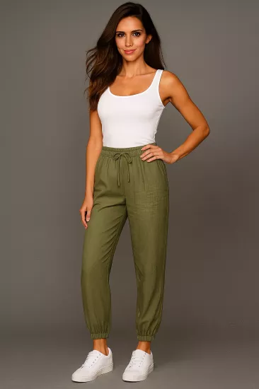 Kadın Yeşil Keten Jogger Pantolon