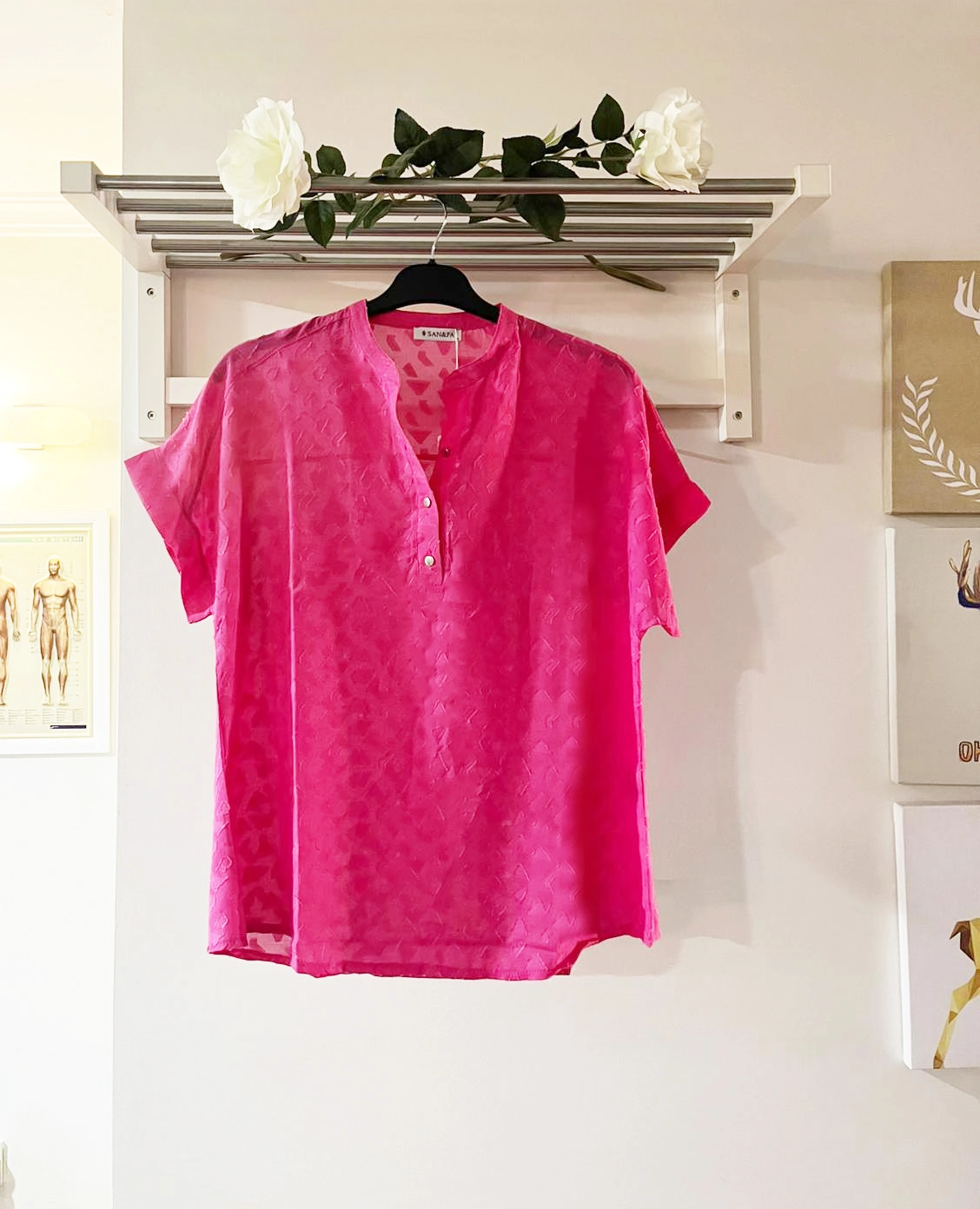 Fuşya Pembe Desenli Kısa Kollu Bluz 