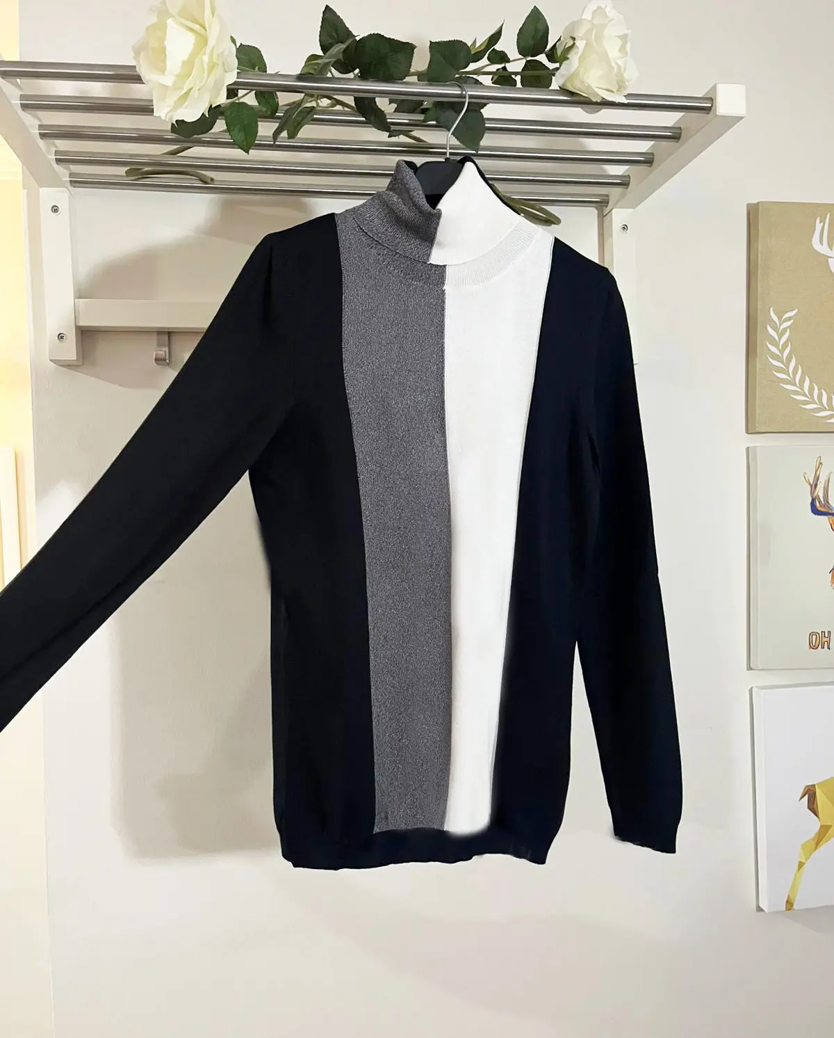 Siyah Gri Beyaz Bloklu Boğazlı Triko Kazak