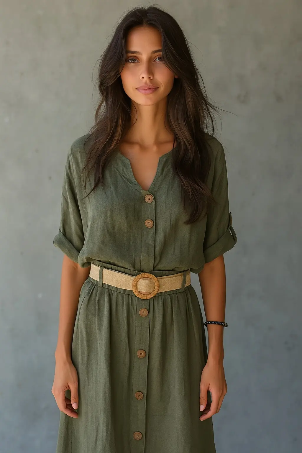 Yeşil Keten Etek Bluz Takım