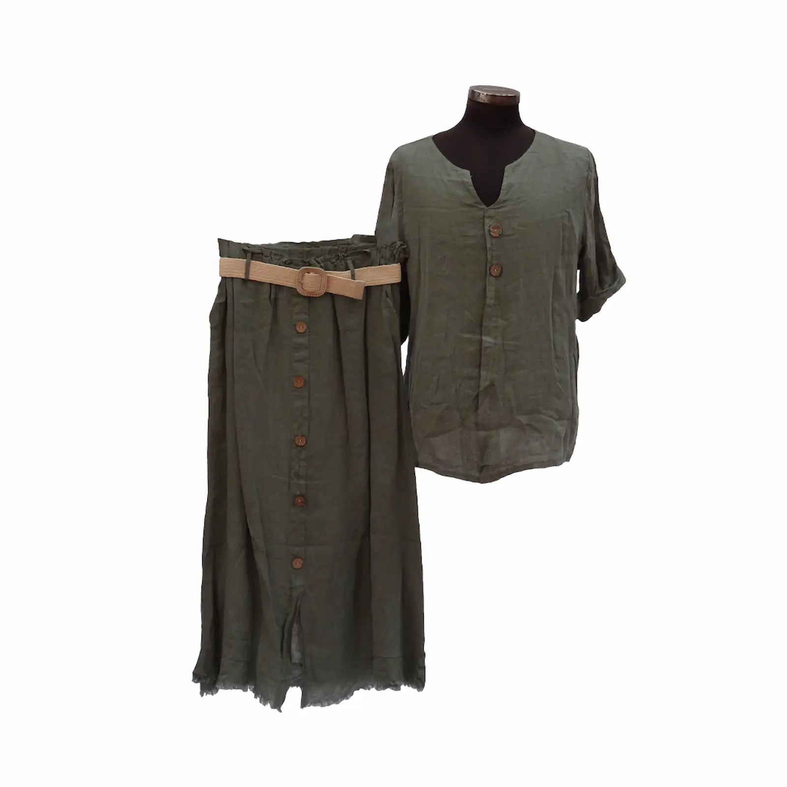 Yeşil Keten Etek Bluz Takım