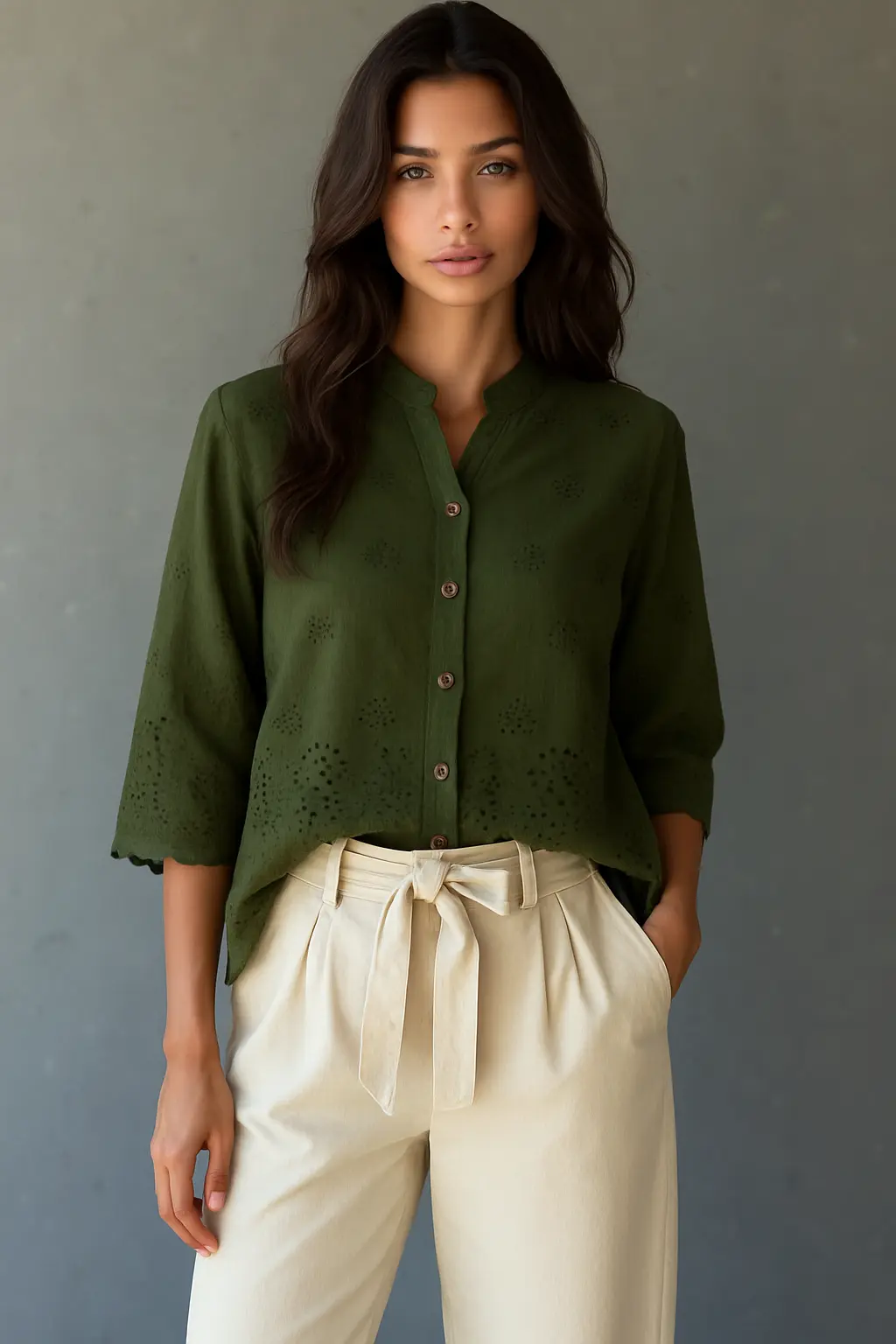Haki İtalyan Ajur Detaylı Kısa Kollu Gömlek