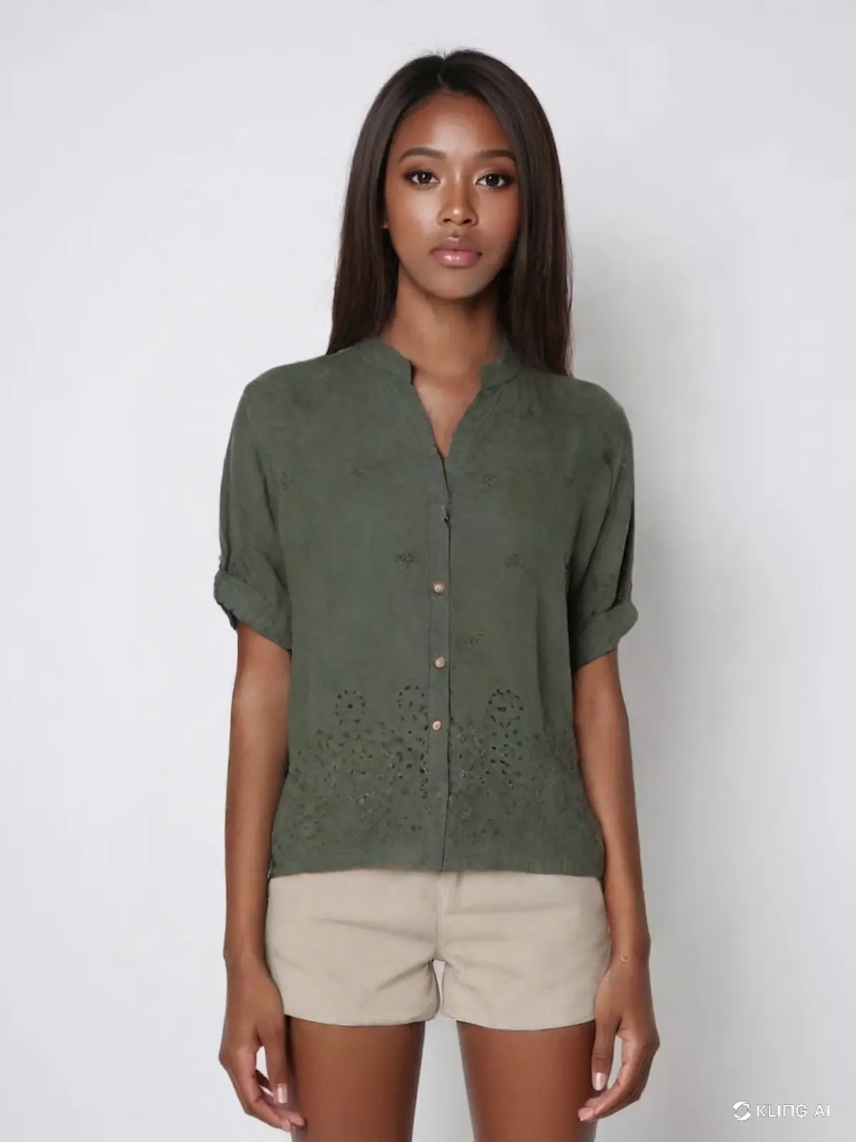 Haki İtalyan Ajur Detaylı Kısa Kollu Gömlek